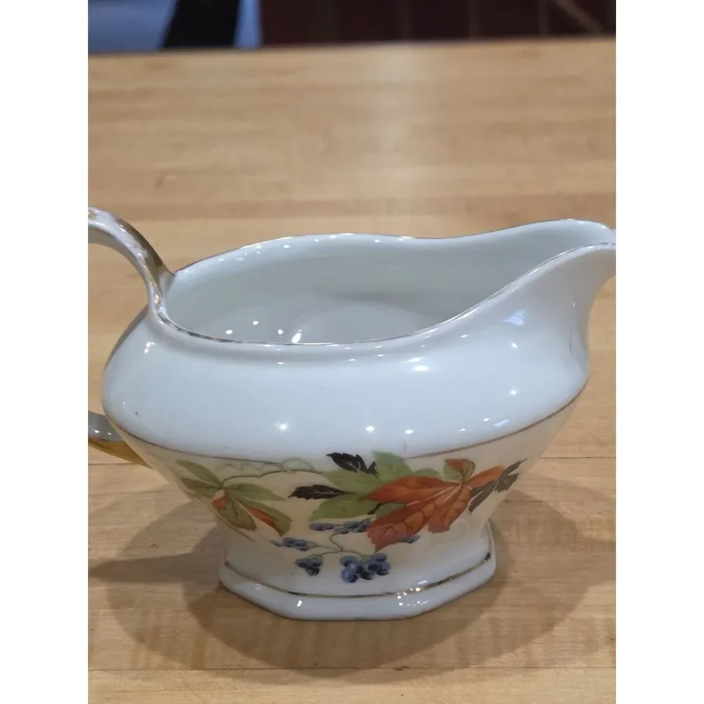 Antique Porcelain Creamer Sugar Bowl Platter Set 3 AMC Germany Autumn Leaf Gold